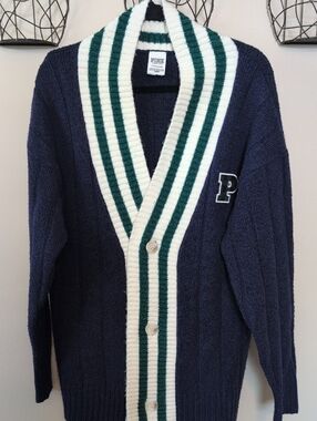 PINK Victoria's Secret Navy Oversized Cardigan with Cream and Green Trim